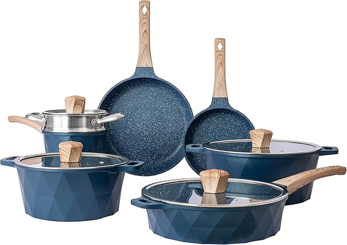 Country Kitchen Non-Stick Cast Aluminum Cookware Set - Durable Kitchen Cookware for Everyday Cooking Navy Diamond 11 Pc.