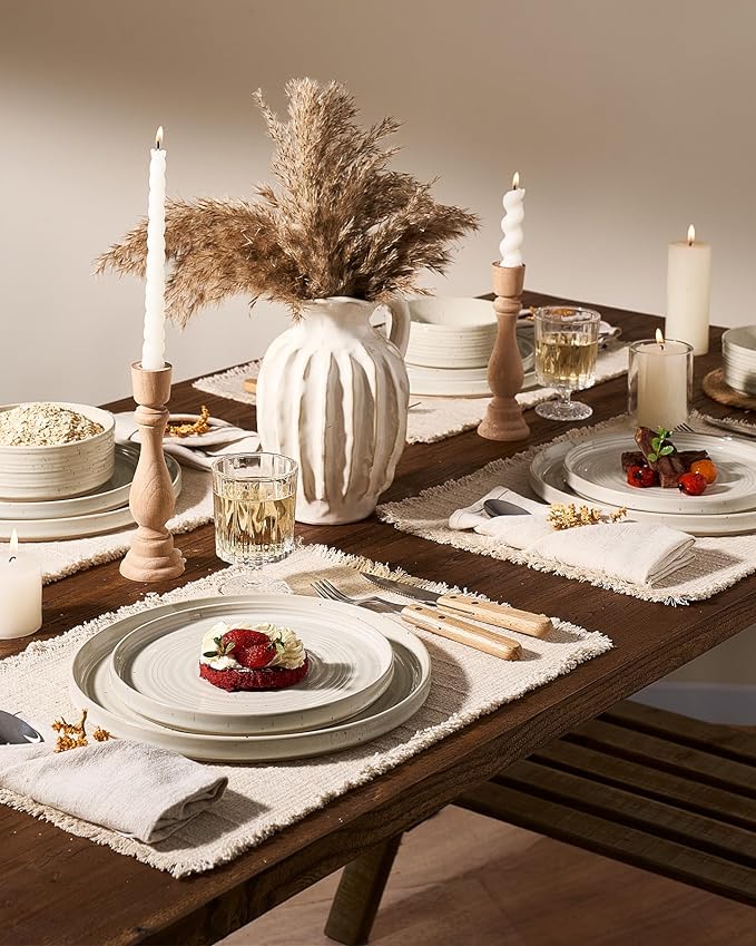 Stoneware Dinnerware Set Highly Chip &amp Scratch Resistant Everyday Plates and Bowls for 8 (24pcs) Reactive Glaze Speckled Ceramic Straight Dishes with Gift Box Microwave Dishwasher Safe Shell B