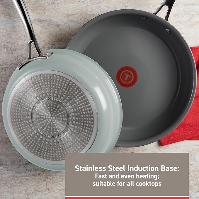 T-fal Ceramic Non-Stick Induction 10.5 and 12 Inch 2 piece Frypan Set Mint Green