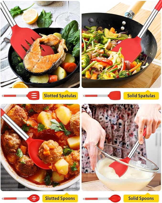 Pack of 4 Silicone Cooking Utensils Set Non Stick Large Solid Spatulas Heat Resistant Slotted Spoons Ideal BPA Free Kitchen Turners for Frying MixingServingDrainingTurningStirring (RED)