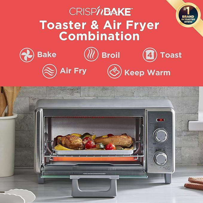 BLACK+DECKER Crisp 'N Bake Air Fry Countertop Convection Toaster Oven Medium Capacity 4-Slice 5-in-1 Fits 9” Pizza 30-Min Timer Bake Broil Air Fry Toast Keep Warm Stainless Steel