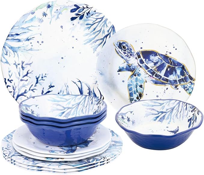UPware 12 Piece Indigo Sea Life Melamine Dinnerware Sets Outdoor Dishes Set Plates and Bowls Sets Service for 4 Blue