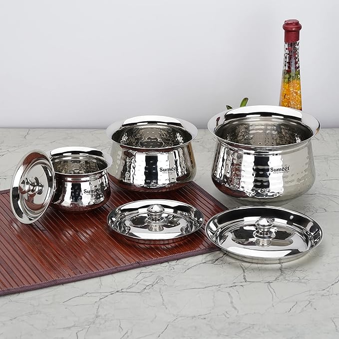 Sumeet Stainless Steel Handcrafted Hammered Texture Handi Set with Lid for Kitchen Set of 3 460ml 950ml &amp 1700ml Silver