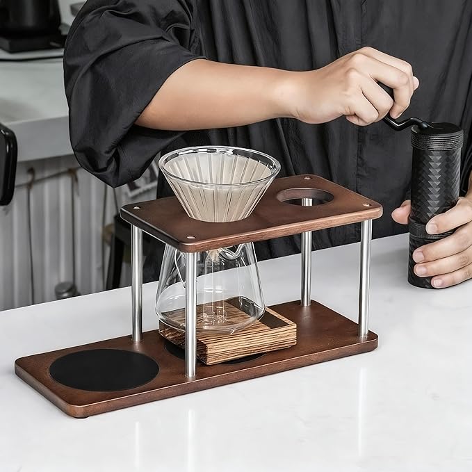 Pour Over Coffee Station Solid Sapele Wood &amp Stainless Steel Dual Dripper Stand Coffee Organizer (Dark Wood)