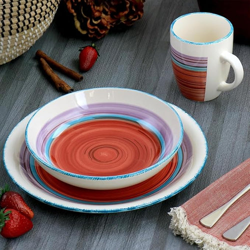 12 Piece Red Durastone Dinnerware Set – Vibrant Swirl Pattern Round Plates and Bowls Dishwasher Safe Stoneware Tableware for Everyday Meals and Entertaining