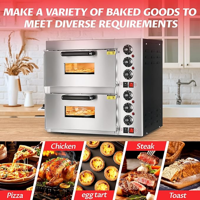 Double Deck Commercial Pizza Oven 16 Inch Countertop Electric Pizza Oven with Pizza Stone Max Temperature Up to 662°F Stainless Steel Fast Baking Pizza Maker 2800W Energy Efficient Easy to Clean