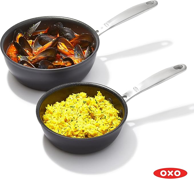OXO Good Grips Pro 1QT and 2QT Saucepan Pot Set with Lids 3-Layered German Engineered Nonstick Coating Stainless Steel Handles Black