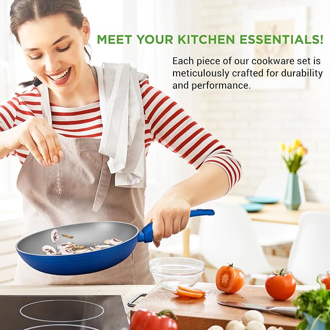 NutriChef 12-Pc Blue Nonstick Cookware Set - Professional Pots &amp Pans with Durable Coating All Cooktops Compatible Including Induction