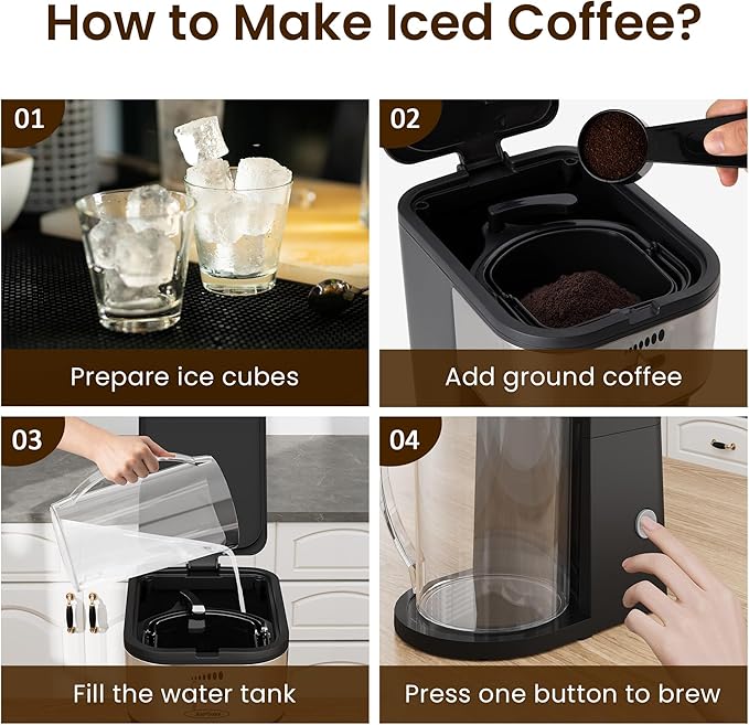 Iced Coffee Tea Maker with Reusable Filter Basket 3 QT Pitcher Iced Tea and Coffee Machine  Tea Makers for Iced Tea Lattes Lemonade and Flavored Water Adjustable Brew Strength Black and Silver