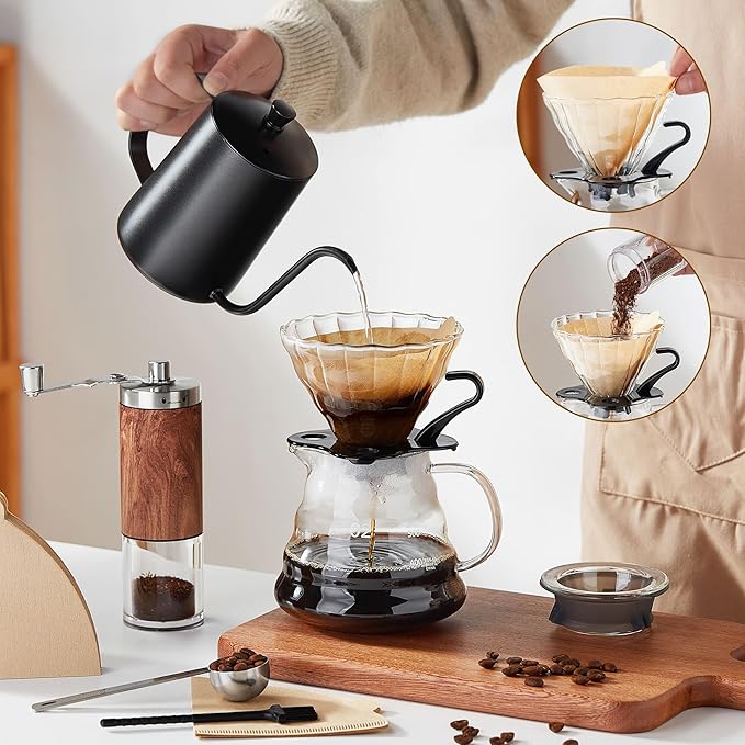 Unbreakable Pour Over Coffee Maker Set – 6-Piece Set with Coffee Maker Hand Coffee Grinder Hand Drip Kettle V60 Filters (40 Sheets) and Measuring Spoon – Perfect for Home Brewing and Travel