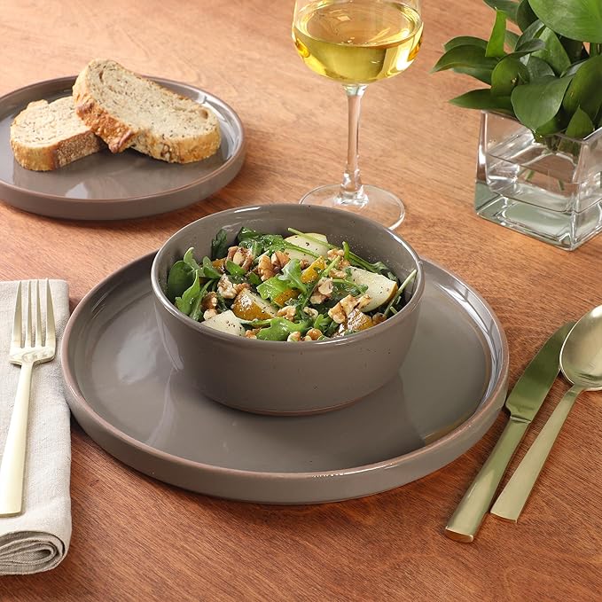 Gibson Elite Northrock Stoneware Dinnerware Set 12-Piece Service for 4 Plates and Bowls Set – Gray Dishes with Hand-Painted Terracotta Base