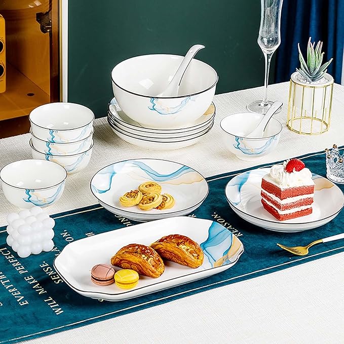 Simple Dining Ware Set 49 Pieces Bowl and Plate Set Dishes Set for 12 Wear Resistant and Scratch Resistant Dinnerware Sets Heat Insulation Anti-Scald Bakeable and Microwavable Easy to Heat Up