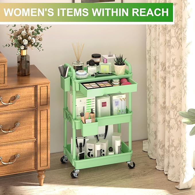 Goovilla 3 Tier Rolling Utility Cart Organizer with Removable Drawer Stable and Sturdy Green Rolling Storage Carts with 2 Lockable Wheels for Bathroom Kitchen Snack Craft Makeup Baby Essentials
