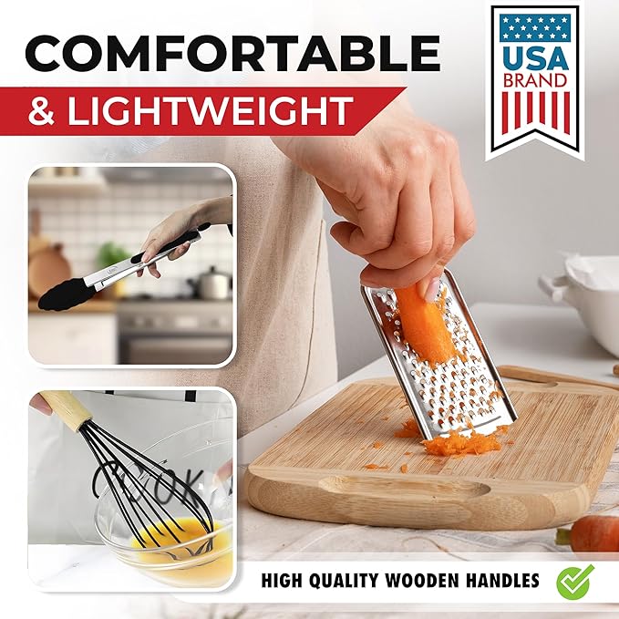 Kaluns 50 PCS Silicone Kitchen Utensils Set Complete Kitchen Set - 800°F Heat Resistant Non-Stick Premium Cooking Utensils W Wooden Handles - Can Opener Masher Turner Silicone Spatula Set