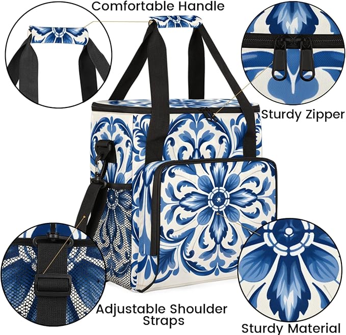Classic Floral Print Coffee Maker Travel Bag for Keurig K-Mini/K-Mini Plus Insulated Waterproof Tote with Pockets for K-Cup Portable Single-Serve Brewer Case