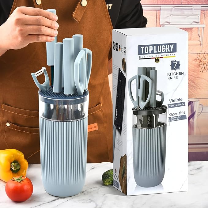 Knife Set 7-Piece Kitchen Knife Set with Sharp Chef and Meat Knives Anti-Rust Utility Knives Set for Kitchen Kitchen Knife Block Set（Blue）