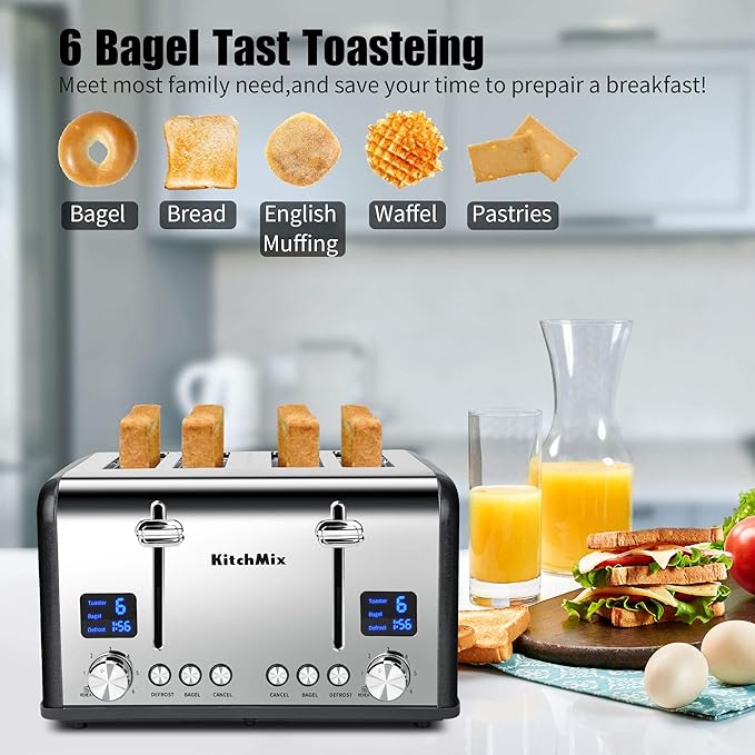 Toaster 4 Slice Bagel Stainless Toaster with LCD Timer Extra Wide Slots Dual Screen Removal Crumb Tray (Gray)