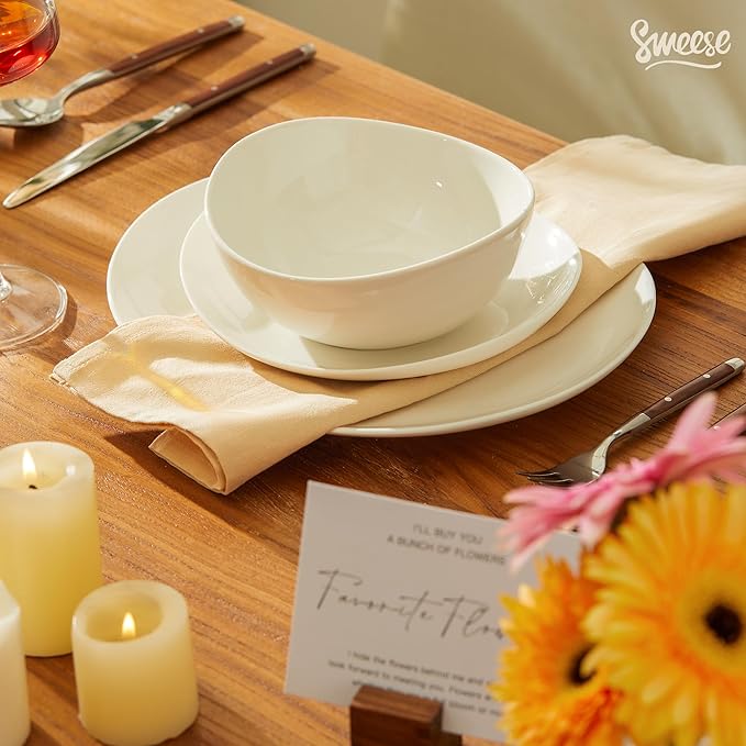 Sweese 18-Piece Dinnerware Sets for 6 Porcelain Plates and Bowls Set Scratch Resistant Dishes Microwave and Oven Safe Dishware Snow White