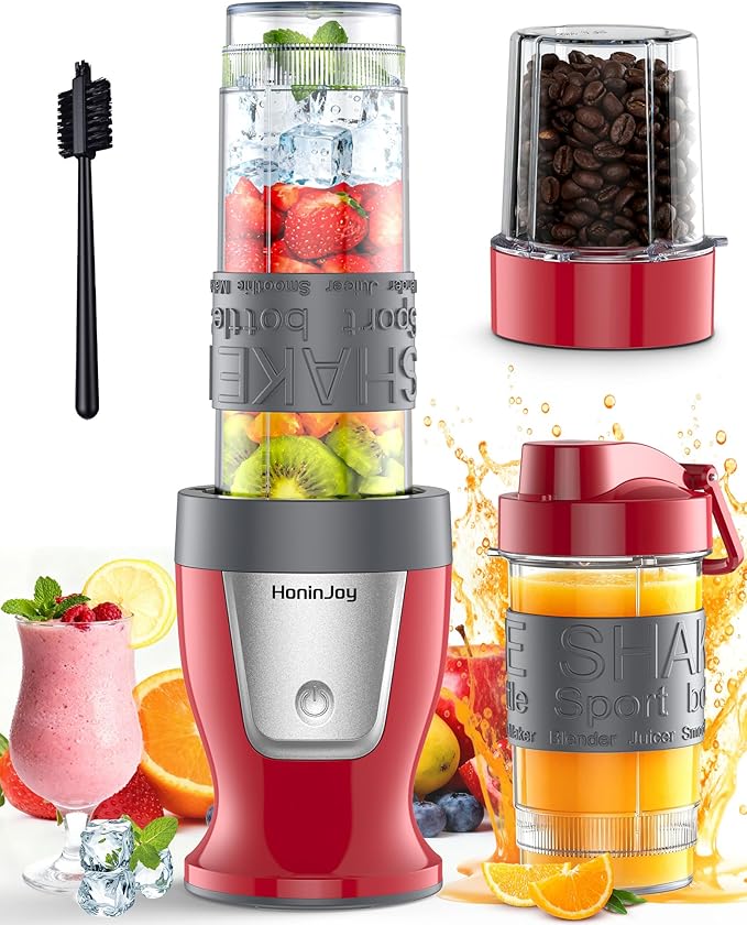 Smoothie Blender 650W Personal Blenders for Shakes and Smoothies with Grinder Cup &amp 2 BPA-Free Portable Cups (20oz+14oz) Portable Blender for Juices Smoothies Maker for Kitchen Red