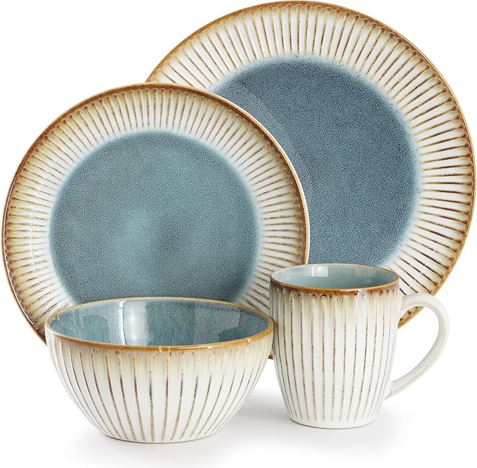 16 Piece Stoneware Dinnerware Set Blue and Beige Plates and Bowls Microwave &amp Dishwasher Safe Dinner Set for 4 (Beige &amp Blue)