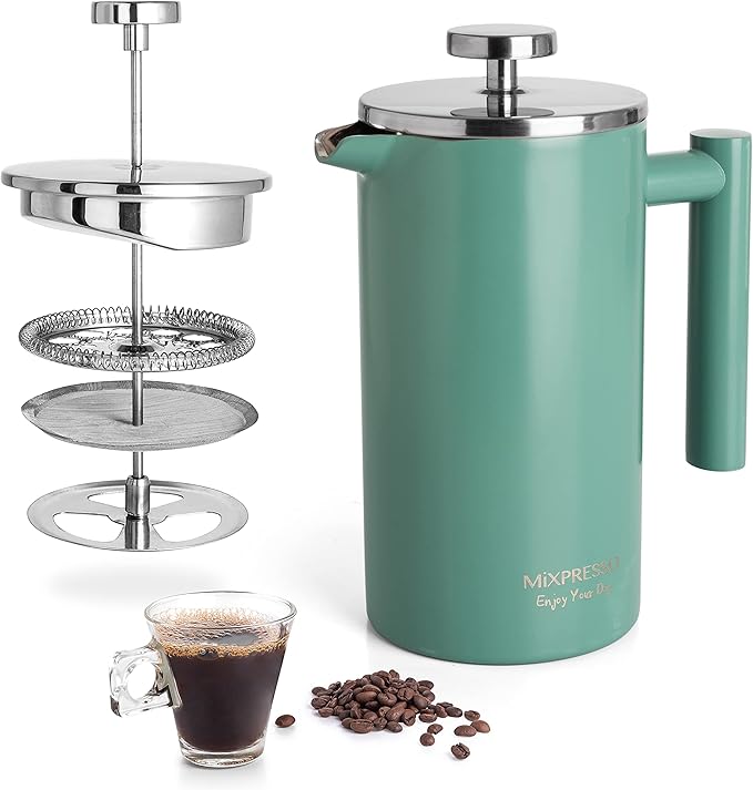 Mixpresso Green Stainless Steel French Press Coffee Maker 26 Oz 770 Ml Double Wall Insulated French Press Stainless Steel Easy Clean Tea Brewer Easy Press Durable Metal Coffee Press