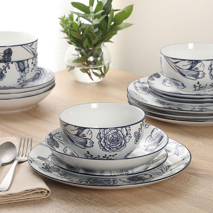 Gibson Home Westerly Court 16-Piece Dinnerware Set Blue Floral Stoneware Plates &amp Bowls Service for 4 Round Durable Everyday Dish Set
