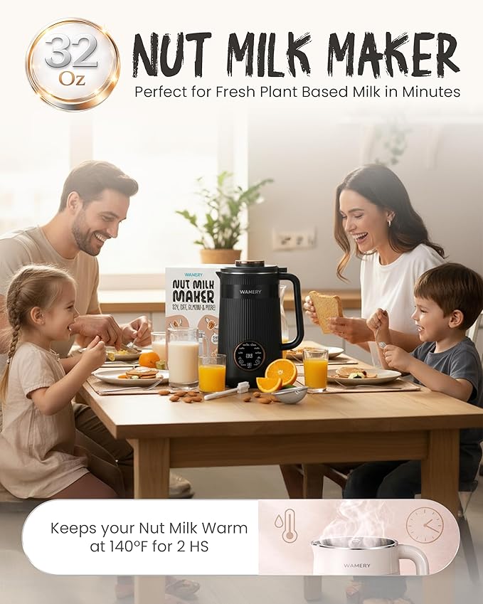 Wamery 32oz Nut Milk Machine (Black) - Soy Milk Maker for Almond &amp Oat Blender Automatic Heated Programs Self‑Cleaning Delay Start Keep Warm &amp Boil Water 1‑Liter Capacity with Starter Ki