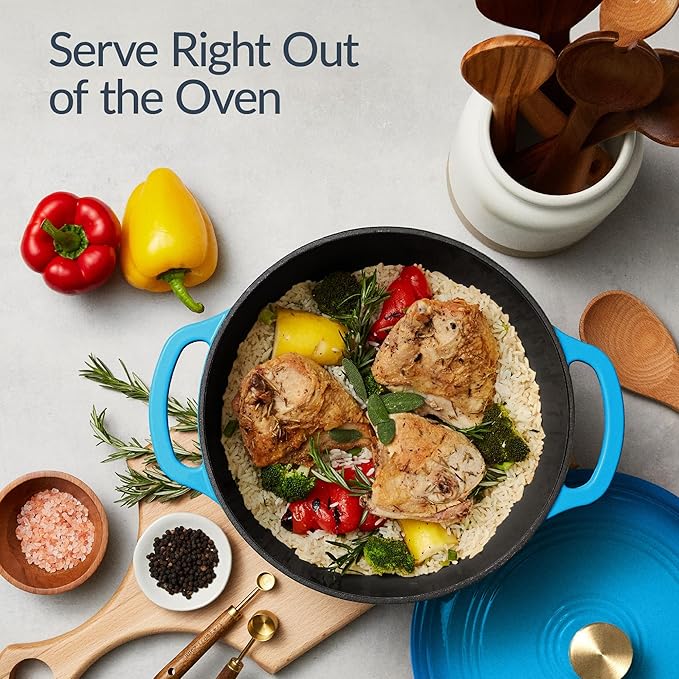 Best Choice Products Non-Stick Pot &amp Pan Cookware Set Cast Iron 2Qt Skillet W/Lid 10 Grill Or Griddle Pan W/Press 6Qt Enameled Dutch Oven Non-toxic For Cooking &amp Grilling - Blue