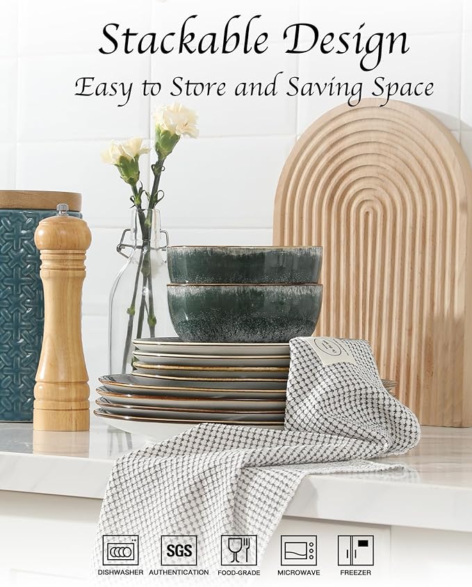 Sweejar Dinnerware Sets Service for 4 12 pcs Porcelain Plates and Bowls for Kitchen Housewaring Gift Chip and Scratch Resistant Dish Set Handmade Dishwasher and Microwave Safe Plate Set DarkGray