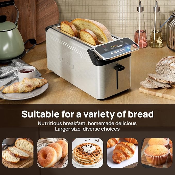 WHALL Long Slot 4 Slice Toaster Touch Screen Toasters with Projection Display 1.5 Wide Slot 5 Bread Types &amp 11 Shade Settings Digital Timer Warming Rack Crumb Tray Reheat/Defrost Silver