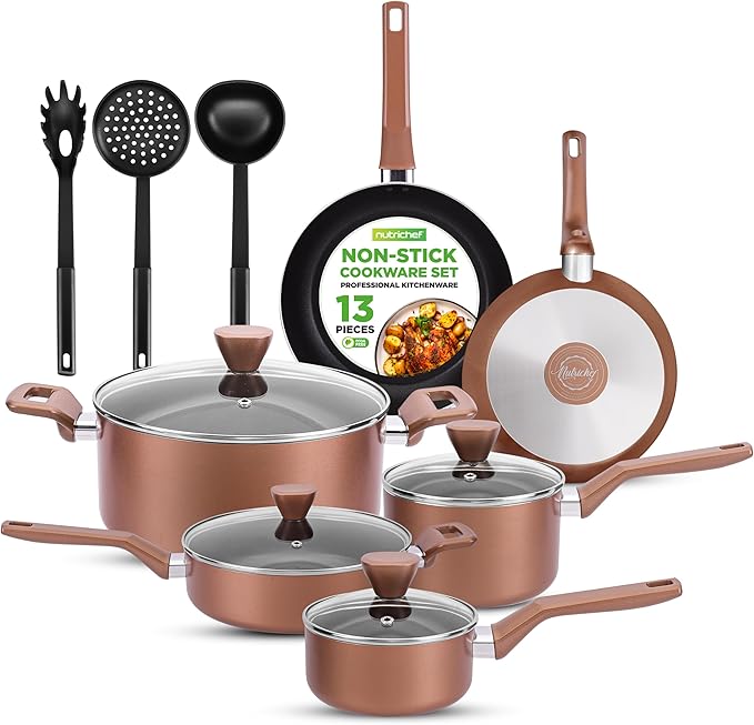 NutriChef Kitchenware Pots &amp Pans - Stylish Kitchen Cookware Set Non-Stick (13-Piece Set) Brown One Size (NCCWA13BR.5)