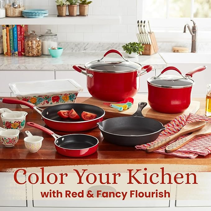 The Pioneer Woman Frontier Speckle Fancy Flourish Cookware and Bakeware Set Aluminum Nonstick 22 Piece Kitchen Tools Red