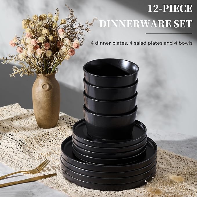 Vesteel Dinnerware Sets for 4 12Pcs Stoneware Plates and Bowls Sets Elegant Tableware set for Home Restaurant Chip &amp Scratch Resistant Dishes Set Black