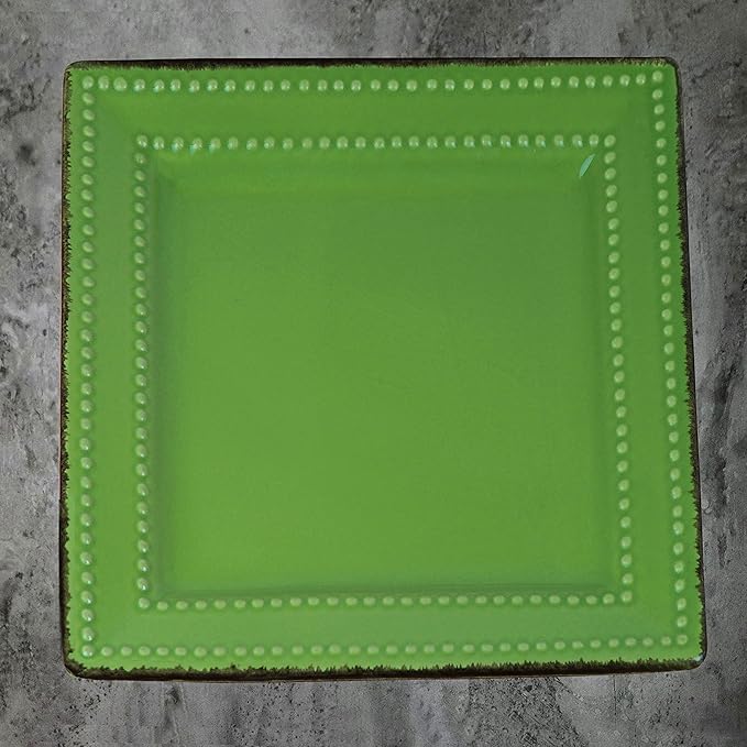 Stylish and Elegant 16 Piece Square Beaded Stoneware Dinnerware set Service for Hosting Parties and Events - Green 16 Piece Square Beaded