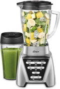 Oster Pro 1200 Smoothie Blender with Glass Jar &amp 24oz To-Go Cup Countertop Kitchen Blender with 7 Speeds 1200W Power Brushed Nickel