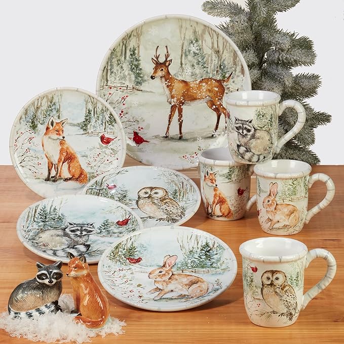 Winter’s Walk 16-Piece Ceramic Dinnerware Set Service for 4 – Bring woodland charm to your table with foxes owls and deer in a serene snowy forest design perfect for cozy winter gatherings