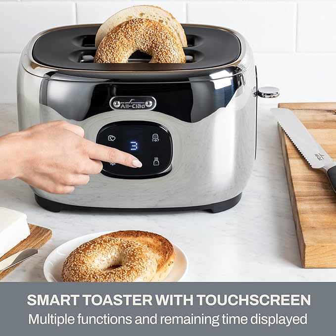 All-Clad Stainless Steel Toaster 2 Slot Removable Crumb Tray 850 Watts 7 Browning Levels Intuitive Touchscreen Extra High Lift Silver