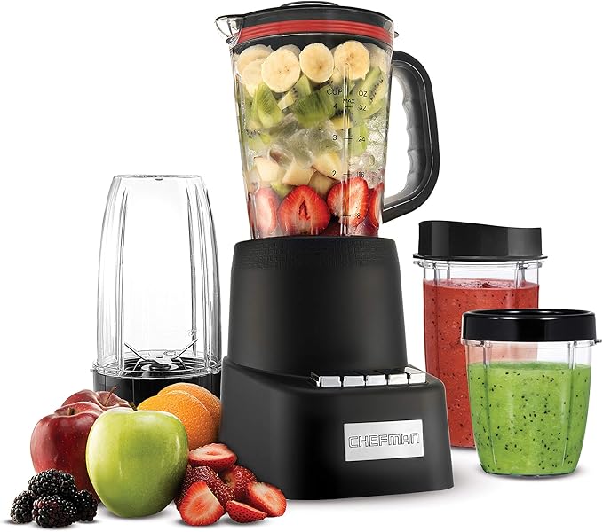 Chefman Countertop + Travel Dynamic Blending System 12-Piece Set 3 Programmed Speeds &amp Pulse Easy Ice Crushing for Shakes &amp Smoothies Dishwasher-Safe 32-Oz Pitcher 12Oz &amp 2 24Oz Tumbl