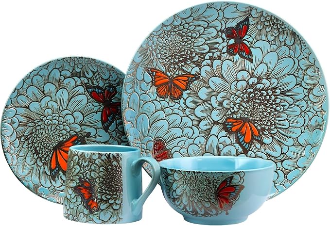 Butterfly Garden 16-Piece Stoneware Dinnerware Set – Elegant Blue &amp Gold Design Microwave &amp Dishwasher Safe