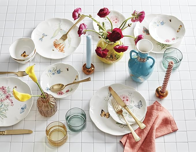 Lenox Dinnerware Set Butterfly Meadow 28-Piece Set Service For 4 Porcelain Plates With Scalloped Edges Plates And Bowls Sets Microwave Safe Dishwasher Safe Home &amp Kitchen (28 Piece Assorte