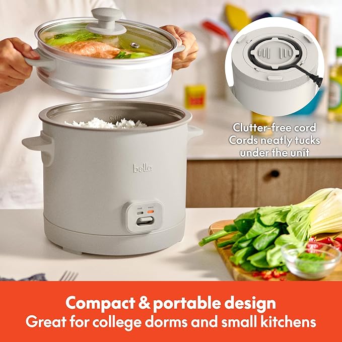 bella 16 Cup Rice Cooker with Steamer Dishwasher Safe Steaming Basket Rice Paddle and Measuring Cup Removable Nonstick Cooking Bowl Automatic Keep Warm Function 400 Watt Oatmilk