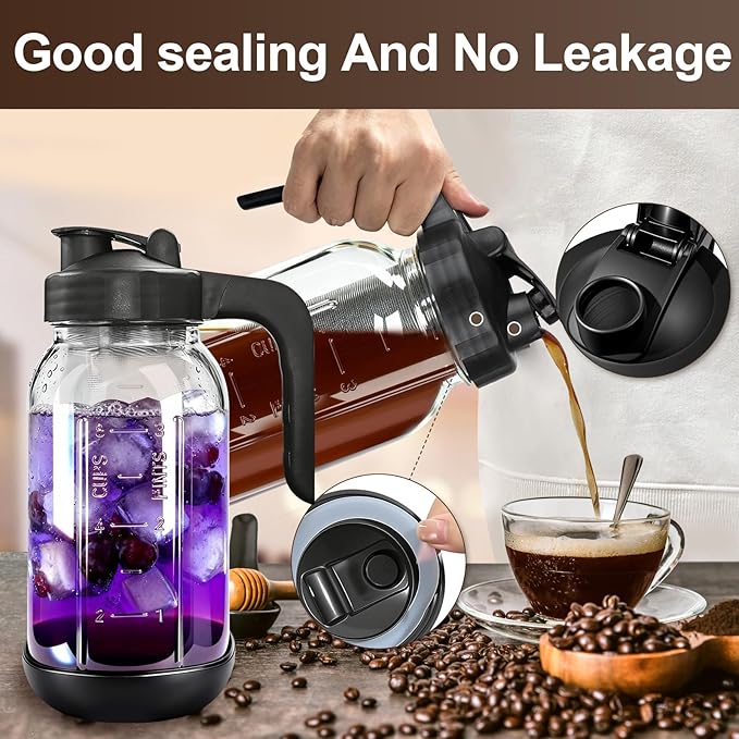 2 PCS Cold Brew Coffee Maker64 oz Mason Jar Pour Spout Lid Refillable Stainless Steel FilterNon-slip Silicone Sleeve for Glass Pitcher Homemade BeverageFor Home Baristas &amp Coffee Enthusiasts
