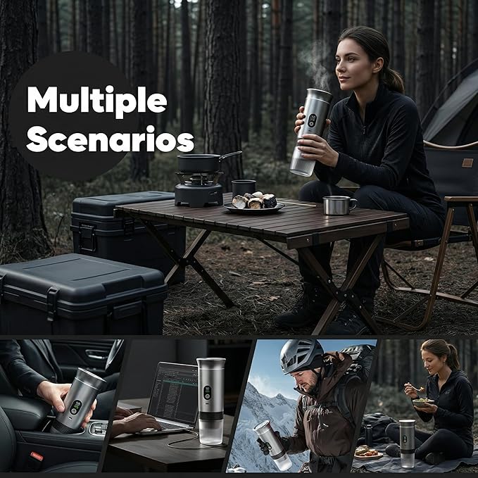 Portable Espresso Coffee Maker Battery Operated Rechargeable Travel Espresso Machine Self Heating Mini Coffee Maker for Camping &amp Car Works with Ground Coffee and Small/Large Capsules 80ml Cup