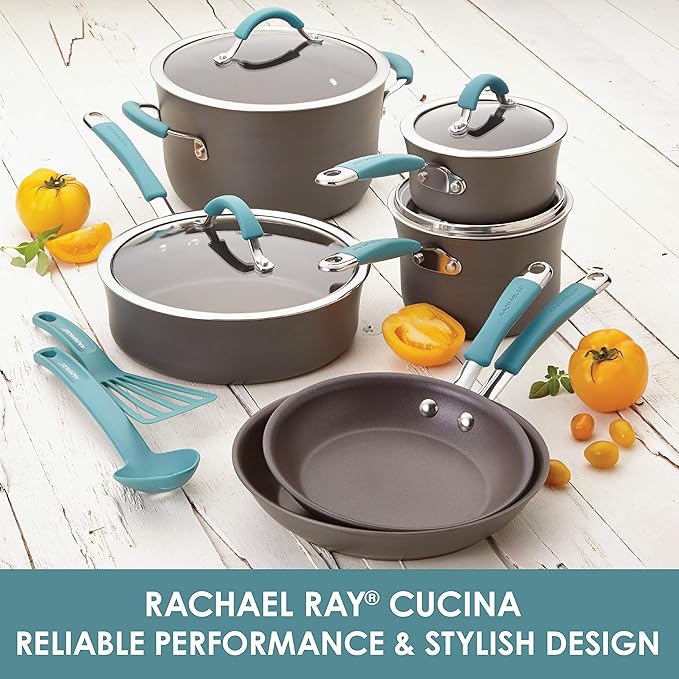 Rachael Ray Cucina Hard Anodized Nonstick Cookware Pots and Pans Set 12 Piece Gray with Blue Handles &amp Ray Bakeware Nonstick Cookie Pan Set 3-Piece Gray with Marine Blue Grips