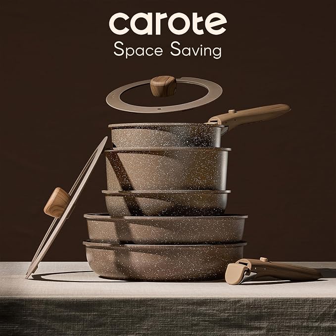 CAROTE 17PCS Pots and Pans Set Non Stick with Detachable Handle Nonstick Cookware Sets Cooking Kitchen Set Oven/Dishwasher Safe Induction Cookware Brown RV Kitchen Pot and Pan