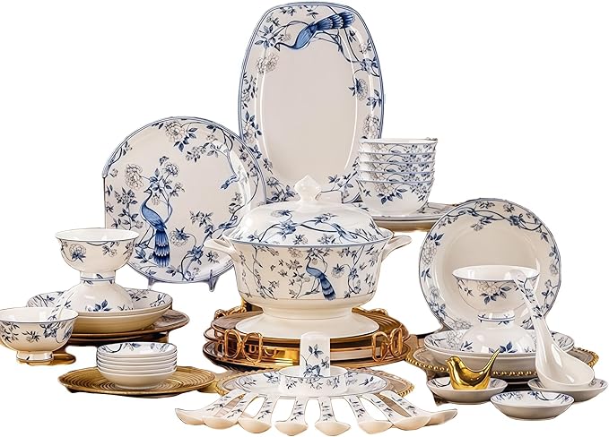 Fine Bone China Dinnerware SetPorcelain&ampCeramic Dinnerware SetsBone Stoneware &ampCeramic Cookware Tableware Set Includes Dinner Plates|Spoons|Pasta Bowls|Soup Pot|Chopsticks (56 PCS)