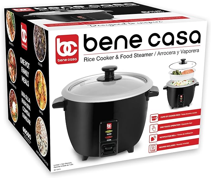 Bene Casa Rice Cooker Black Cook 2-12 Cups of Cooked Rice And Food Steamer