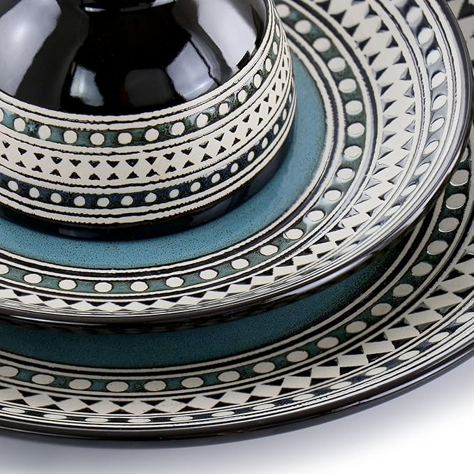 Blue Sage 16 Piece Stoneware Dinnerware Set – Double Bowl Design Microwave &amp Dishwasher Safe Plates and Bowls for Everyday Dining