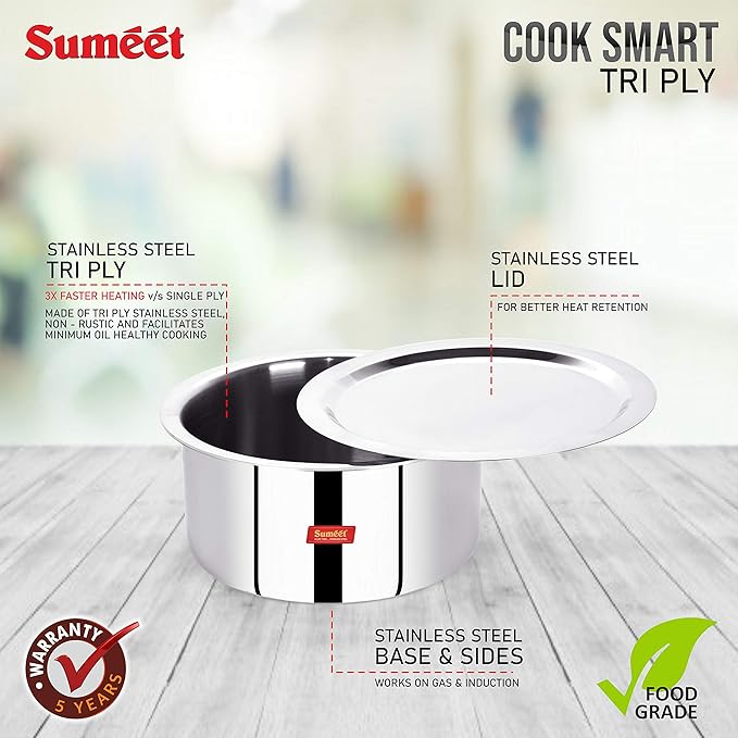 Sumeet Cook Smart Triply Sas (Steel-Aluminium-Steel - 3 Layers) Tope Set Of 2Pcs With Lid - No. 16 (1.6Ltr 16Cm) No.18 (2 Liter 18Cm) Stainless Steel