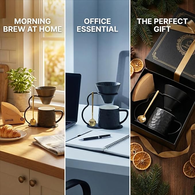 Pour Over Coffee Maker setCeramic Coffee Maker With V60 40 pcs Paper FilterMetal Stand 9oz 270ml mug Pour Over Coffee Dripper black